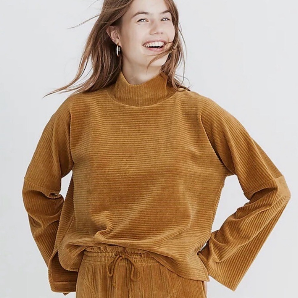 Madewell Texture & Thread Velour Corduroy Mockneck Top Antique Gold Yellow XS